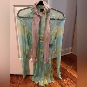Fendi Silk Pastel Sheer Blouse with Tie Neck